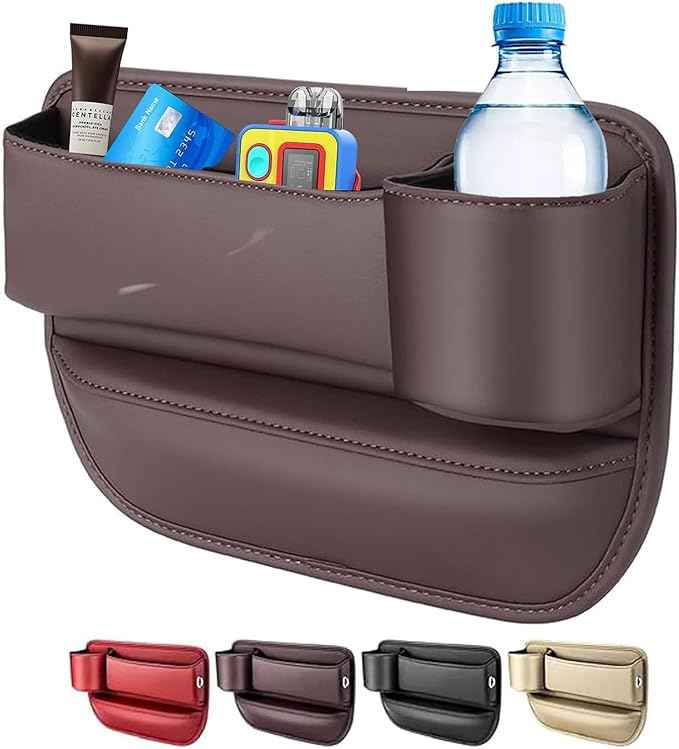 Car Seat Gap Filler Organizer for Tesla Model X 2016-2025, Leather Seat Gap Storage Box with Cup Holder Phone Keys Glasses Cards Drinks Small Items Interior Accessories, Brown