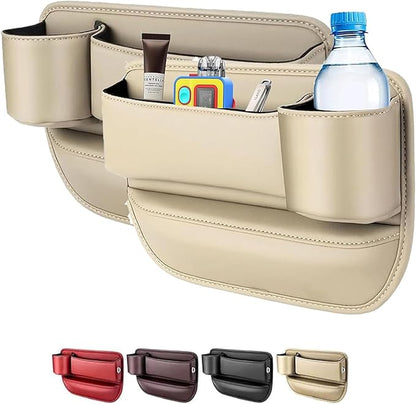 2 Pack Leather Car Seat Gap Filler Organizer for Tesla Model Y 2020-2026, with Cup Holder Universal Adjustable Storage Box Auto Interior Accessories Driver Passenger Seat, Beige