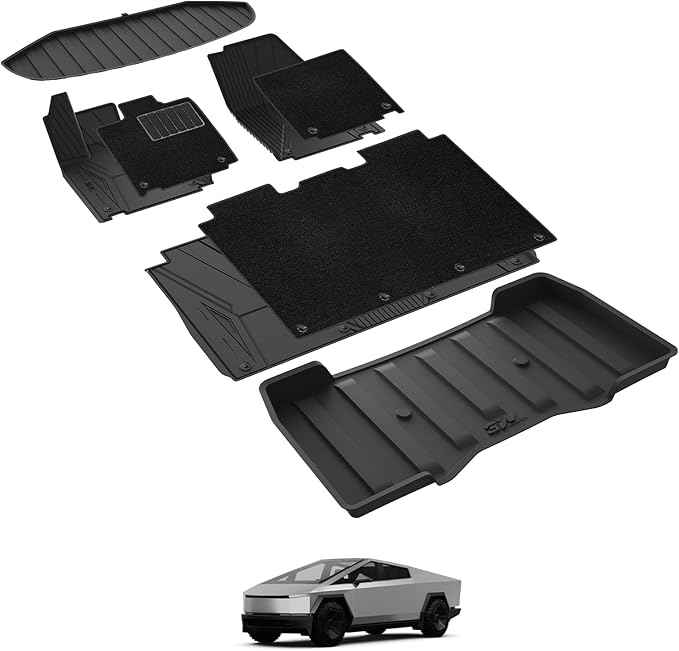 3W Floor Mats with Carpet & Cargo Liner for Tesla Cybertruck 2023 2024 2025 2026, All Weather Waterproof Heavy Duty Accessories Custom Fit Automotive Double Layer Floor Liners & Sub Storage Trunk Mat