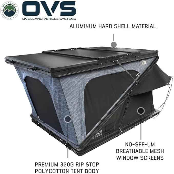 Overland Vehicle Systems XD K2 Clam Shell Pop-Up 2-Person Aluminum Hard Shell Roof Top Tent – Blue Body with Black Rainfly for SUVs, Jeeps, and Overlanding Vehicles