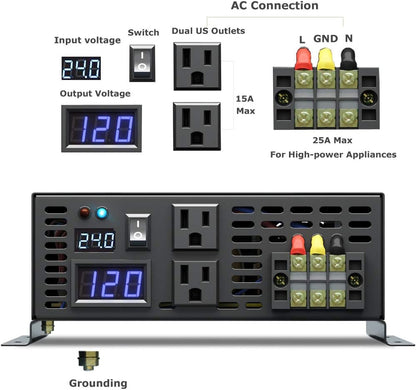 WZRELB Strong Driving Capacity 2500W 24VDC to 120VAC Pure Sine Wave Inverter Power Converter (RBP250024B1), Black