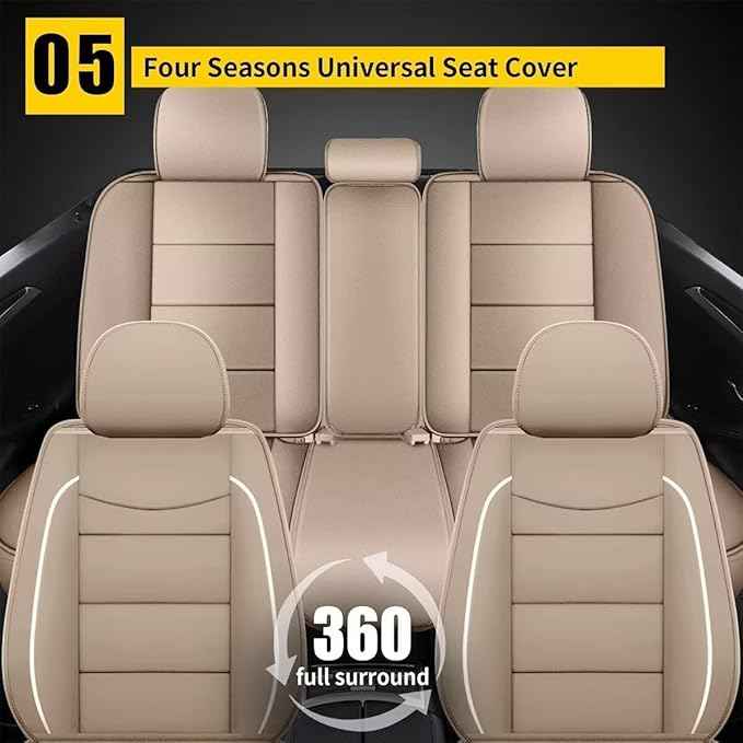 YORKNEIC Full Set Seat Covers Fit for Ford Mustang Mach-E 2021 2022 2023 2024 2025 2026: First Row Faux Leather Car Seat Cover Protector Cushion (5-Seat Full Set,Beige)