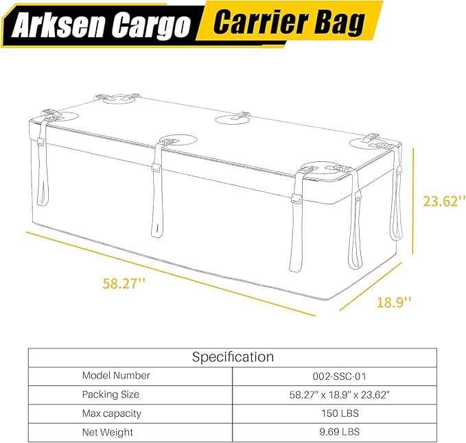 ARKSEN Waterproof Hitch Cargo Carrier Bag for 20" x 60" Baskets, 15 Cubic Feet Large Capacity Luggage Storage (58" L x 19" W x 24" H) for Car Truck SUV RV or Trailer