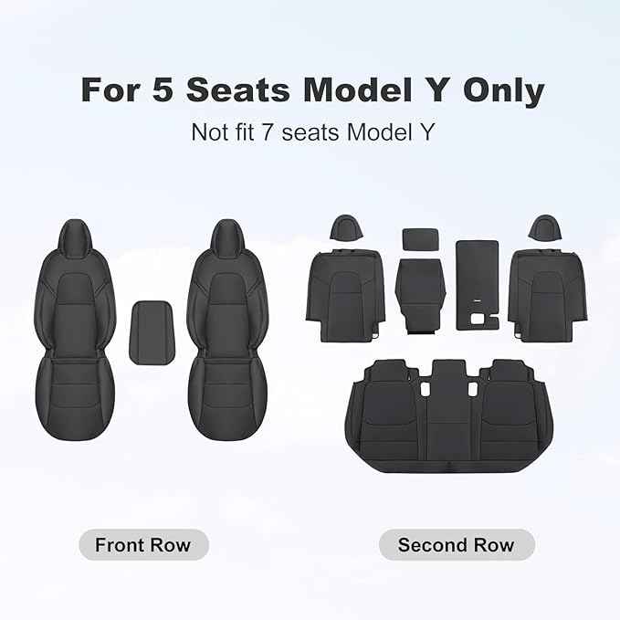 Tesla Model Y Car Seat Covers Nappa Leather Car Interior Seat Airbag Compatible Cushion Cover Full Set Custom Fit 2024 2023 2022 2021 2020, Nappa Black