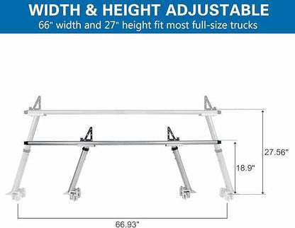 Non-Drilling Aluminum Truck Rack, Heavy Duty Width and Height Extendable Truck Bed Ladder Rack, Fit for Max 66" Wide Truck Bed, 600 lb. Capacity