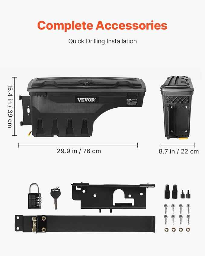 VEVOR Truck Bed Storage Box, Compatible with Dodge Ram 1500 2019-2021 L, Waterproof ABS Wheel Well Tool Box with Lockable Lid and Password Padlock, 6.6 Gal/25 L Truck Bed Toolbox, Driver Side, Black