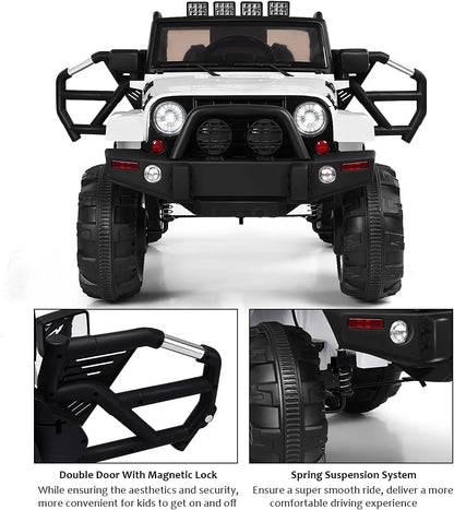 Costzon Ride On Car, 12V Battery Powered Electric Ride On Truck w/Parental Remote Control, LED Lights, Double Doors, Safety Belt, Music, MP3 Player, Spring Suspension (White)