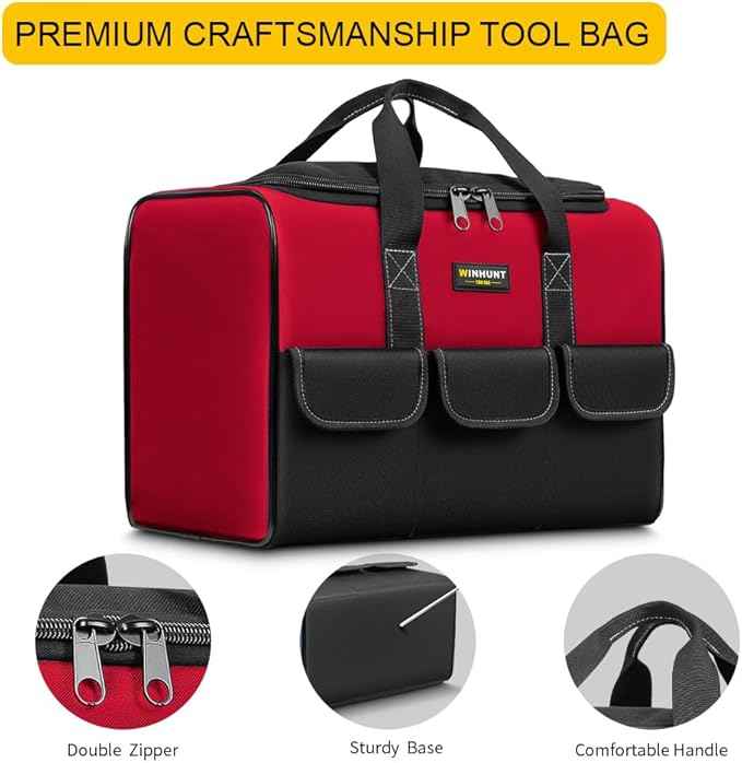 Tool Bags for Men, 17inch Tool Bag Organizer with 6Pockets, Waterproof 600D Fabric Cloth, 16.9 x 11.8 x 9.8 inches, Red and Black, Double Zipper