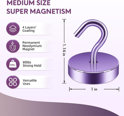 Neosmuk Magnetic Hooks, Cruise Ship Essentials, 80lb+ Heavy Duty Magnetic Hooks for Cruise Cabins, Refrigerator, Grill, Hanging, and Travel | Extra Strong Must-Haves Magnet Hook,Purple