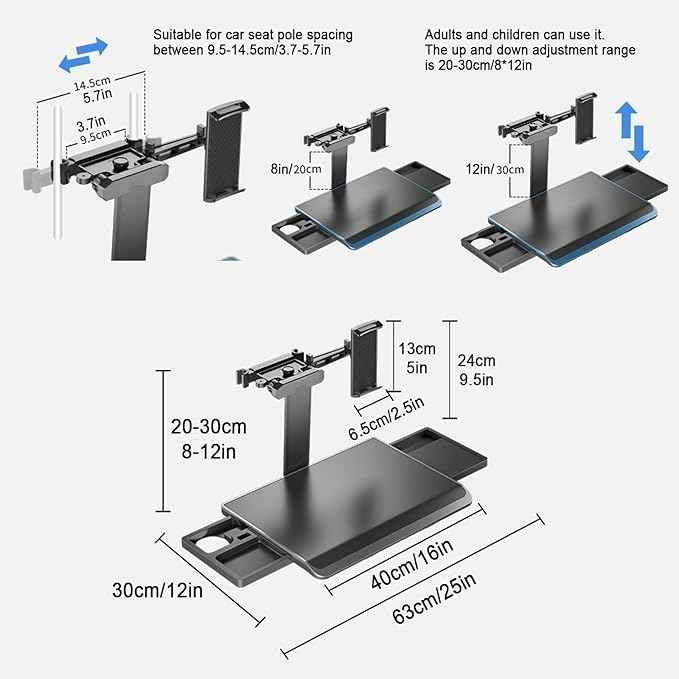 Portable Car Seat Tray Table, Car Backseat Table, Adjustable Seat Back Laptop Desk, Foldable Telescopic Auto Backseat Food Trays Desk, for Working, Writing, Eating, Traveling