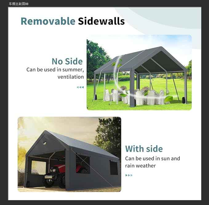 Heavy Duty Carport Canopy 13x25FT,Extra Large Portable Car Tent Garage with Roll-up Windows and All-Season Tarp Cover,Removable Roof&Side Walls for Car,SUV,Boats&Truck Shelter Logic Storage,Gray