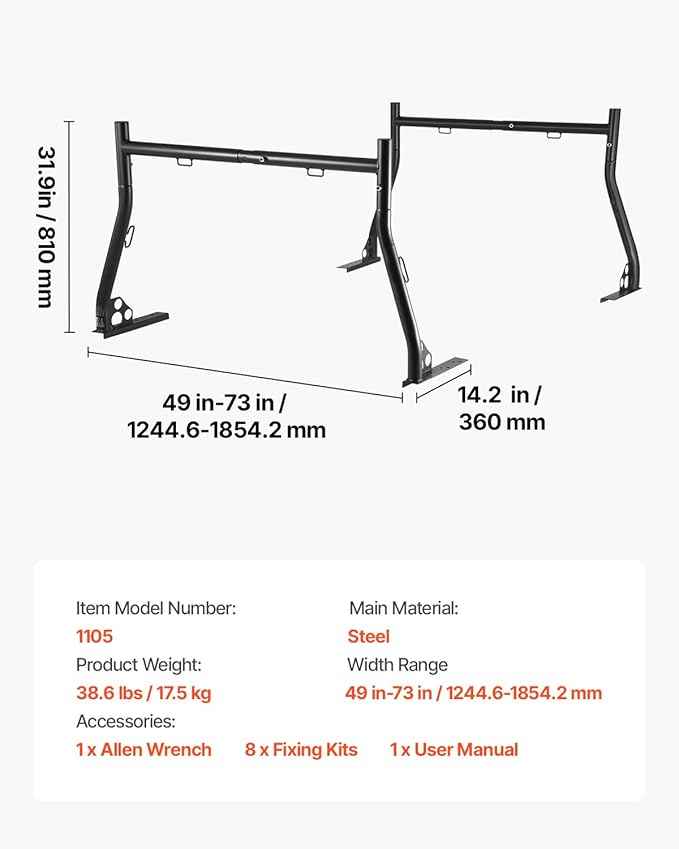VEVOR Truck Ladder Rack, 49-73 in Width, Extendable Universal Cargo Rack, Heavy Duty Steel with 800 lbs Static Load Capacity, Ideal for Canoes, Surfboards, Ladders, Lumber, Tents, and Large Cargo