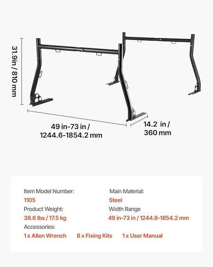 VEVOR Truck Ladder Rack, 49-73 in Width, Extendable Universal Cargo Rack, Heavy Duty Steel with 800 lbs Static Load Capacity, Ideal for Canoes, Surfboards, Ladders, Lumber, Tents, and Large Cargo