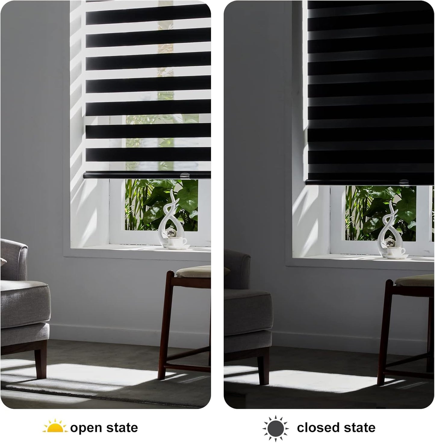 Persilux Cordless Zebra Blinds for Windows Free-Stop Roller Windows Shades (46" W X 72" H, Black) Dual Layer Light Control for Day and Night, Light Filtering Sheer Shades for Home, Easy to Install