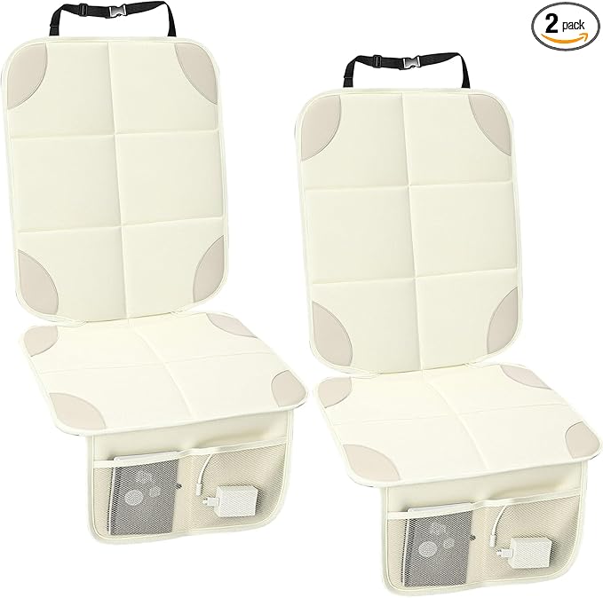 Aurelema 2 Pcs Car Seat Protector with Non-Slip Backing and Mesh Pockets 600d Fabric Child Car Seat Covers Waterproof, Durable for Baby and Pet, Sedan SUV Truck (Beige)