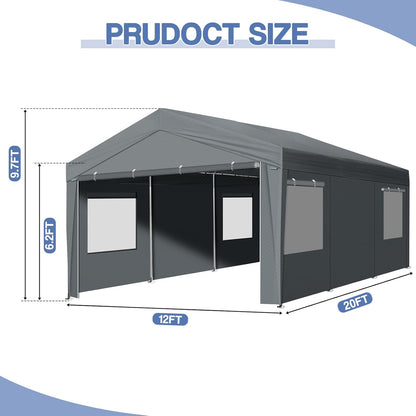 VINGLI 12 x 20 ft Outdoor Portable Storage Shed, Heavy Duty Bike Tent with Roll-up Zipper Door & Windows, Waterproof and UV Resistent Carport for Motorcycle, Garden Tools and Firewood