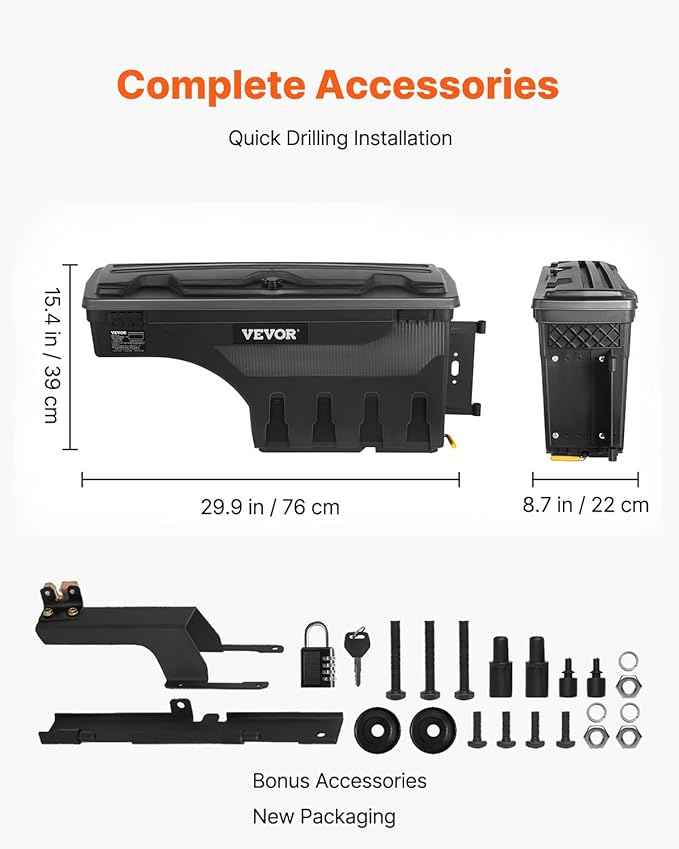VEVOR Truck Bed Storage Box, Compatible with 2015-2020 Ford F150 R, Waterproof ABS Wheel Well Tool Box with Lockable Lid and Password Padlock, 6.6 Gal/25 L Truck Bed Toolbox, Passenger Side, Black