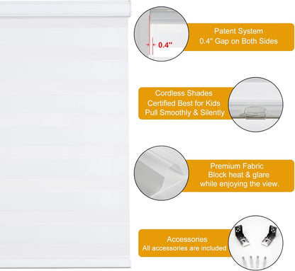 Persilux Cordless Zebra Blinds for Windows (59" W X 47" H, White) Free-Stop Dual Layer Roller Windows Shades for Day and Night, Light Filtering Sheer Shades for Home, Bedroom, Easy to Install