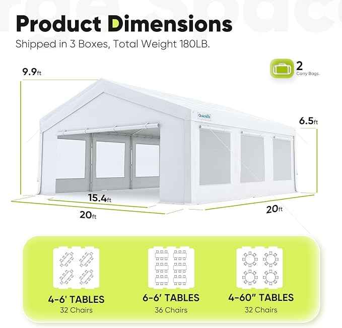 Quictent 20x20ft Party Tent Heavy Duty Outdoor Canopy Tent Carport Wedding Event Shelter BBQ Wedding Tents for Parties with Storage Bags(Mesh)