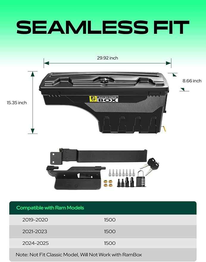 YHTAUTO Truck Bed Storage Tool Box Lockable Compatible with 2019-2025 Ram 1500 Pickup, Passenger Side, Will Not Work with RamBox & Classic Model, Swing Waterproof Wheel Well Toolbox
