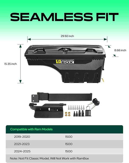 YHTAUTO Truck Bed Storage Tool Box Lockable Compatible with 2019-2025 Ram 1500 Pickup, Passenger Side, Will Not Work with RamBox & Classic Model, Swing Waterproof Wheel Well Toolbox
