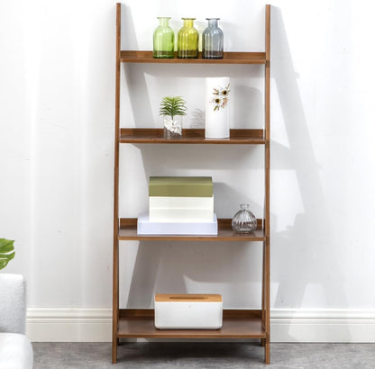 Maydear Bamboo Ladder Shelf Bookcase, 4-Tier Leaning Bookshelf Free Standing Organizer Storage Shelves for Living Room, Bedroom, Kitchen, Home Office, Balcony (Walnut)