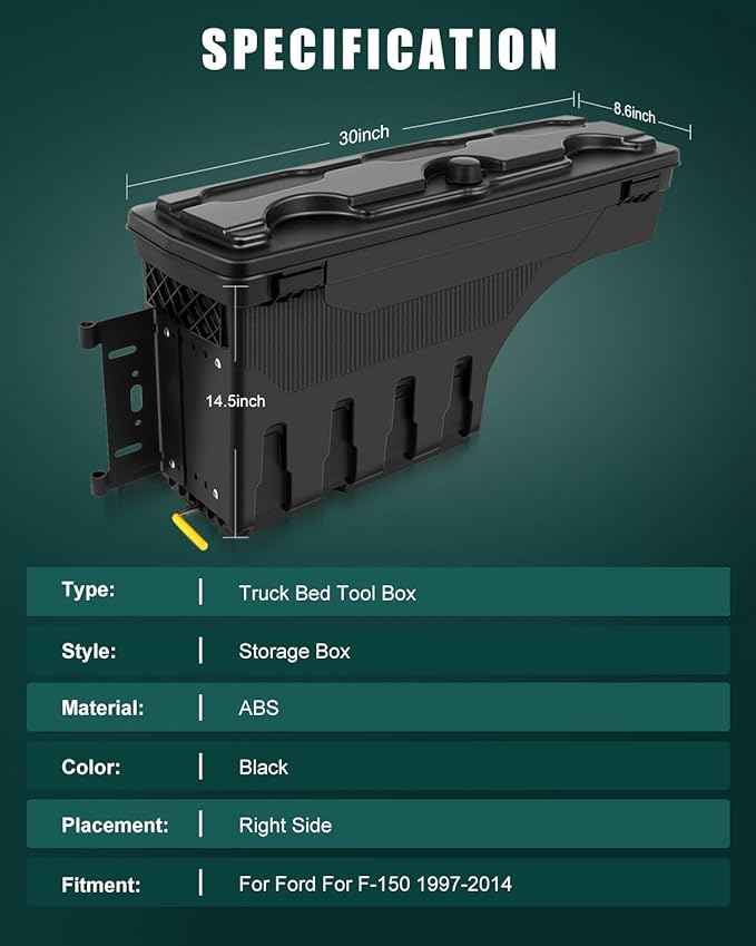 SCITOO Truck Bed Storage Box Fit For Ford For F-150 1997-2014 Waterproof Organizer Chest Right Passenger Side