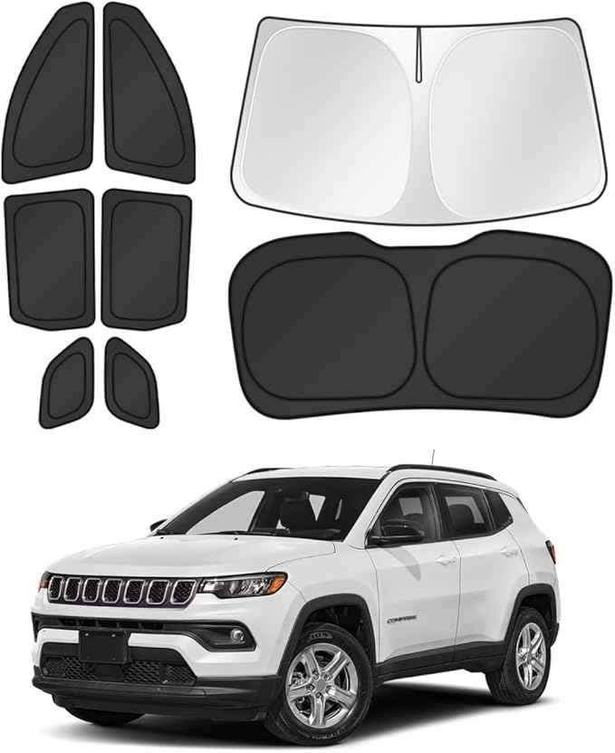 Window Shades for 2017-2025 Jeep Compass Accessories Windshield Sun Shade Side Rear Window Covers Sunshade Sun Visor Shield Privacy Protection for Camping Keep Vehicle Cool Black 8PCS
