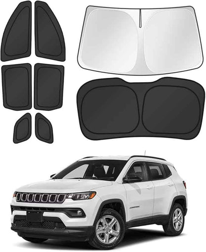 Window Shades for 2017-2025 Jeep Compass Accessories Windshield Sun Shade Side Rear Window Covers Sunshade Sun Visor Shield Privacy Protection for Camping Keep Vehicle Cool Black 8PCS