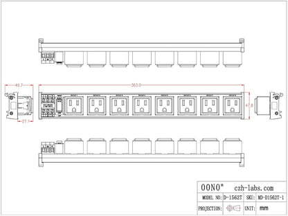 DIN Rail Mount AC 120V NEMA 5-15R 8 Receptacles Outlet Power Strip Module, with Rocker Switch Thermal Circuit Breaker Overload Protector