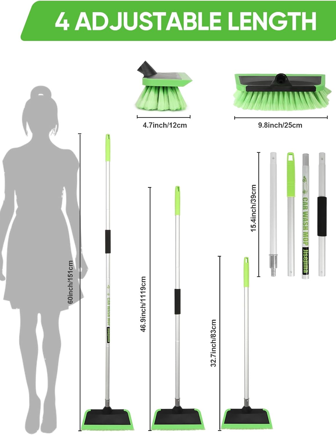 2 in 1 Car Wash Brush with Squeegee PBT Soft Bristle Truck Scrub Detail Brush 60” 151cm with Adjustable Long Handle for Interior Exterior Car Truck RV Boat Deck House Siding Cleaning Sweep Snow - AutoBay