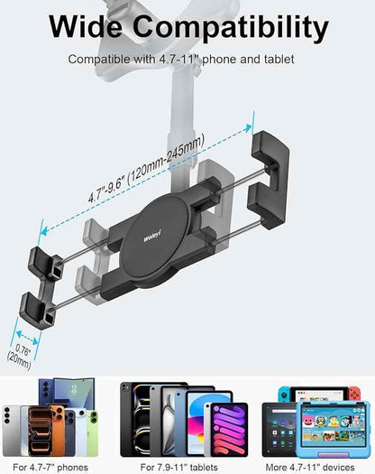 woleyi Rearview Mirror Tablet Holder for Car, Rear View Mirror Car Tablet Mount, 360° Rotatable Adjustable Universal Clip, for iPad Pro Air Mini, Galaxy Tabs, Z Fold, Fire HD, iPhone, 4.7-11" Devices