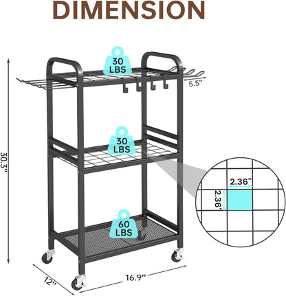 Hadulcet Garden Tool Organizer, Metal Garage Organization and Storage with Lockable Wheels, Garden Tool Rack with Storage Hooks, Heavy Duty Yard Tool Organizer for Garage, Shed, Lawn, Outdoor, Black
