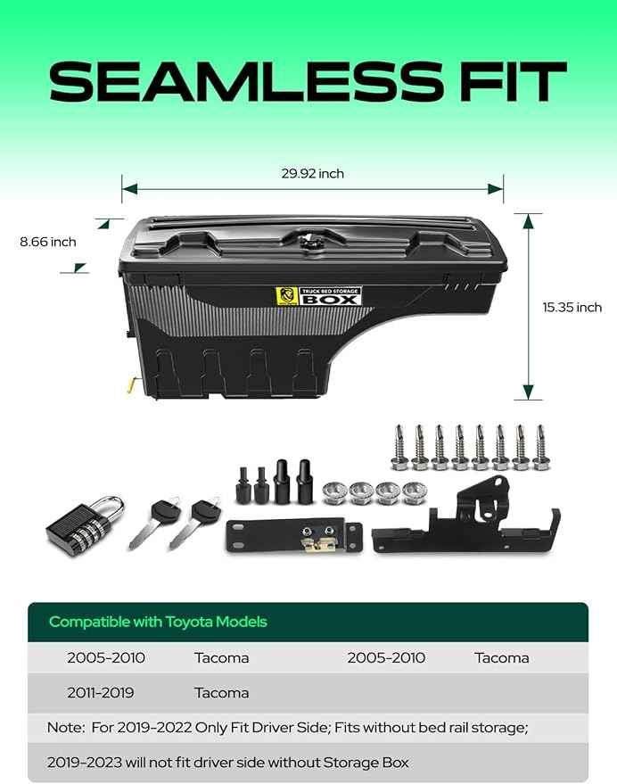 YHTAUTO Driver Side Truck Bed Storage Tool Box Lockable Compatible with 2005-2023 Toyota Tacoma, 2019-2023 with Storage Box, Swing Waterproof Wheel Well Toolbox