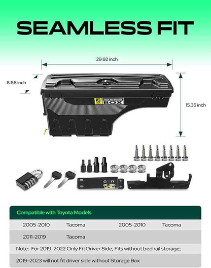 YHTAUTO Driver Side Truck Bed Storage Tool Box Lockable Compatible with 2005-2023 Toyota Tacoma, 2019-2023 with Storage Box, Swing Waterproof Wheel Well Toolbox
