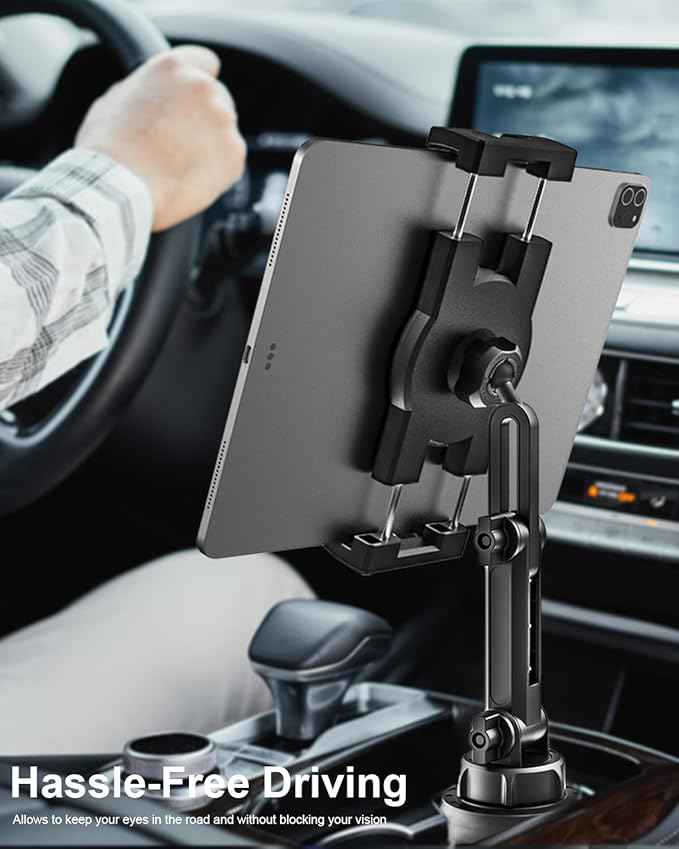 woleyi Cup Holder Car Tablet Mount, iPad Mount Holder for Car/Truck, 360° Rotation Adjustable Universal Tablet Stand Cradle Compatible with iPad Pro Air Mini, Galaxy Tab, Z Fold, iPhone, 4-13" Devices