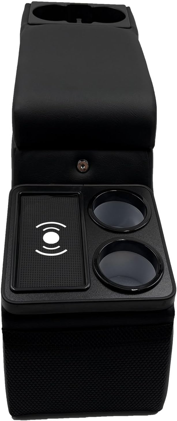 Truck Center Console Truck Seat/Bench Organizer with Wireless Charging and Holder Cups for Jeep CJ5 1976-1983,Jeep CJ7 1976-1986,Jeep Wrangler(YJ) 1987-1995 (Black)