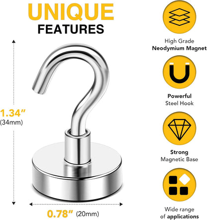 DIYMAG Magnetic Hooks, 50 LB Heavy Duty Magnet with Hook,20 Packs Strong Rare Earth Neodymium Magnets for Hanging, Magnetics Hanger for Curtain, Home, Kitchen, Workplace