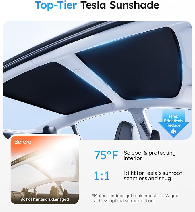 Wigoo 2025 Tesla Model 3 Sunshade Roof [Never Sag, Nano Ice-Crystal Coatings] Heat Reflective Glass Roof Sun Shade, Accessories for Tesla Model 3 2020~2026, Tesla Interior Black