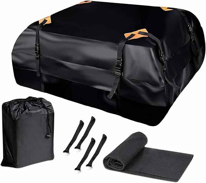 ZONETECH Car Roof Cargo Bag Water Resistant with a Protective Anti Slip Mat – 8 Reinforced Premium Quality Straps Rubberized Extra Cushioning Pad, Travel, Touring, Road Trips for Vehicle, SUV