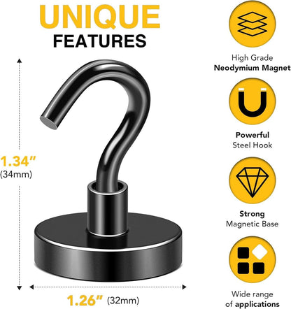 DIYMAG Black Magnetic Hooks, 118 LB Heavy Duty Strong Magnets with Hook, Rare Earth Neodymium Magnet for Cabins Cruise Ship Essentials 8 Packs