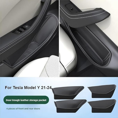 GGCLIMAX 4PCS Car Door Storage Pocket Leather Organizer Compatible with Tesla Model Y Juniper 2025/Model Y Launch 2025/Model 3 Highland 2024-2025 Road Trip Essentials(2024 New M3 Highland)