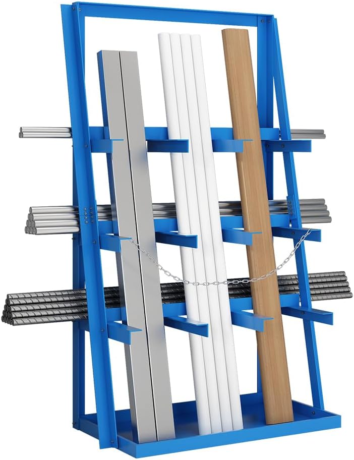 Yeeoy Steel Vertical Bar Rack, Lumber Storage Rack with Safety Chain, Heavy Duty Long Parts Storage Rack, Pipe Organizer Shelf for Garage Workshop Factory, 3000 LB Capacity, Blue