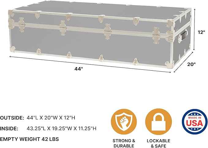 Rhino Trunk & Case Trundle Home Storage & College Trunk With Wheels - 44”x20”x12” - 1500+ lbs Capacity. USA Made Secure Under-Dorm Bed Footlocker for Clothes and Food, and Underbed Shoe Storage Box
