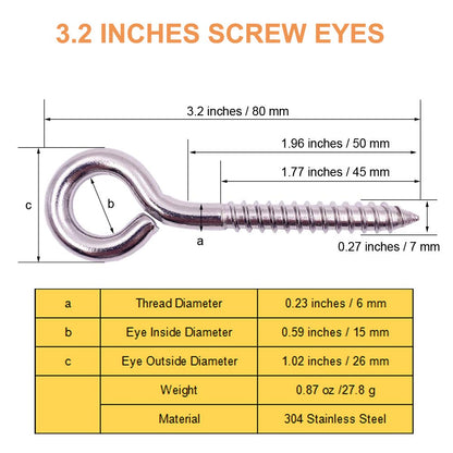 12-Pack 304 Stainless Steel Screw Eyes, Heavy Duty Screw in Eye Hooks Ring for Yoga, Swing Chair, Indoor & Outdoor, Self Tapping, 3.2"