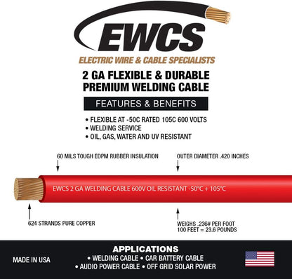 EWCS 2 Gauge Premium Extra Flexible Welding Cable 600 Volt - Red - 25 Feet - Made in The USA