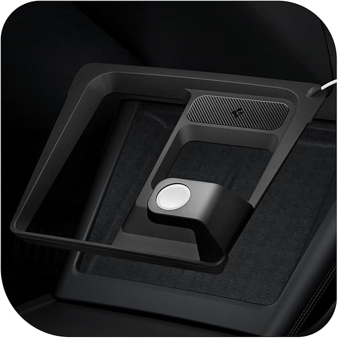 Spigen 3-in-1 Organizer Mount for Tesla Model 3 Highland (Standard, Premium & Performance 2024/25/26) (Watch Charger Not Included) - Uses Wireless Charging Pad - Charge iPhone, AirPods, Apple Watch