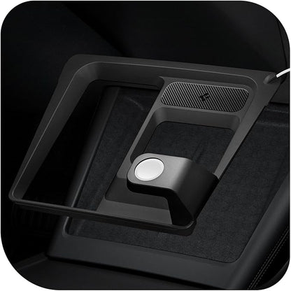 Spigen 3-in-1 Organizer Mount for Tesla Model 3 Highland (Standard, Premium & Performance 2024/25/26) (Watch Charger Not Included) - Uses Wireless Charging Pad - Charge iPhone, AirPods, Apple Watch