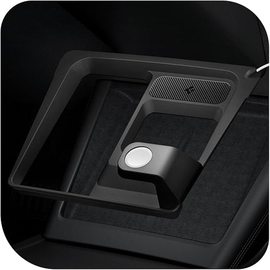 Spigen 3-in-1 Organizer Mount for Tesla Model 3 Highland (Standard, Premium & Performance 2024/25/26) (Watch Charger Not Included) - Uses Wireless Charging Pad - Charge iPhone, AirPods, Apple Watch