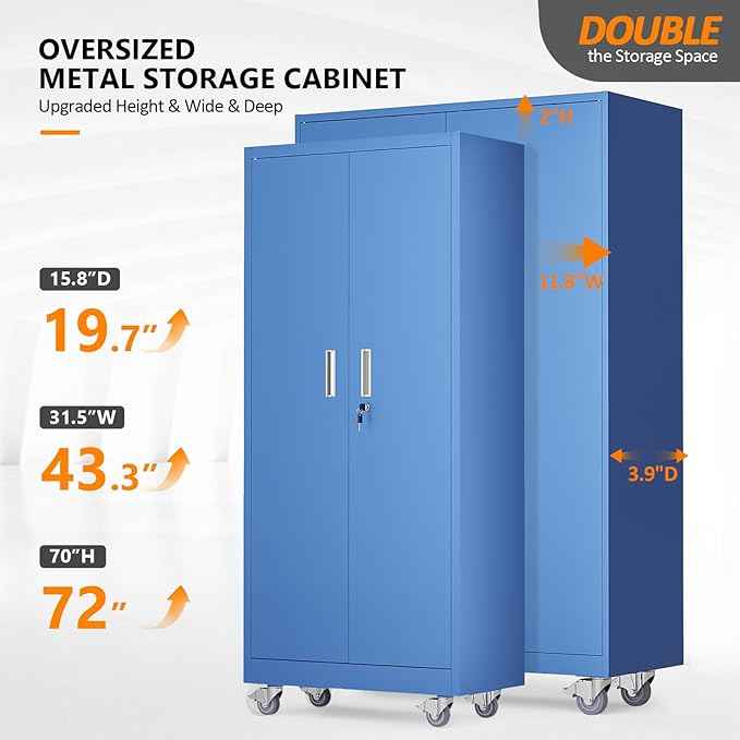 VINGLI Large Metal Storage Cabinet with 2 Doors and 5 Adjustable Shelves, Upgraded Height & Wide & Deep, 43''W x 20''D x 72''H, Oversized Garage Storage Cabinet with Wheels and Locks (Blue)